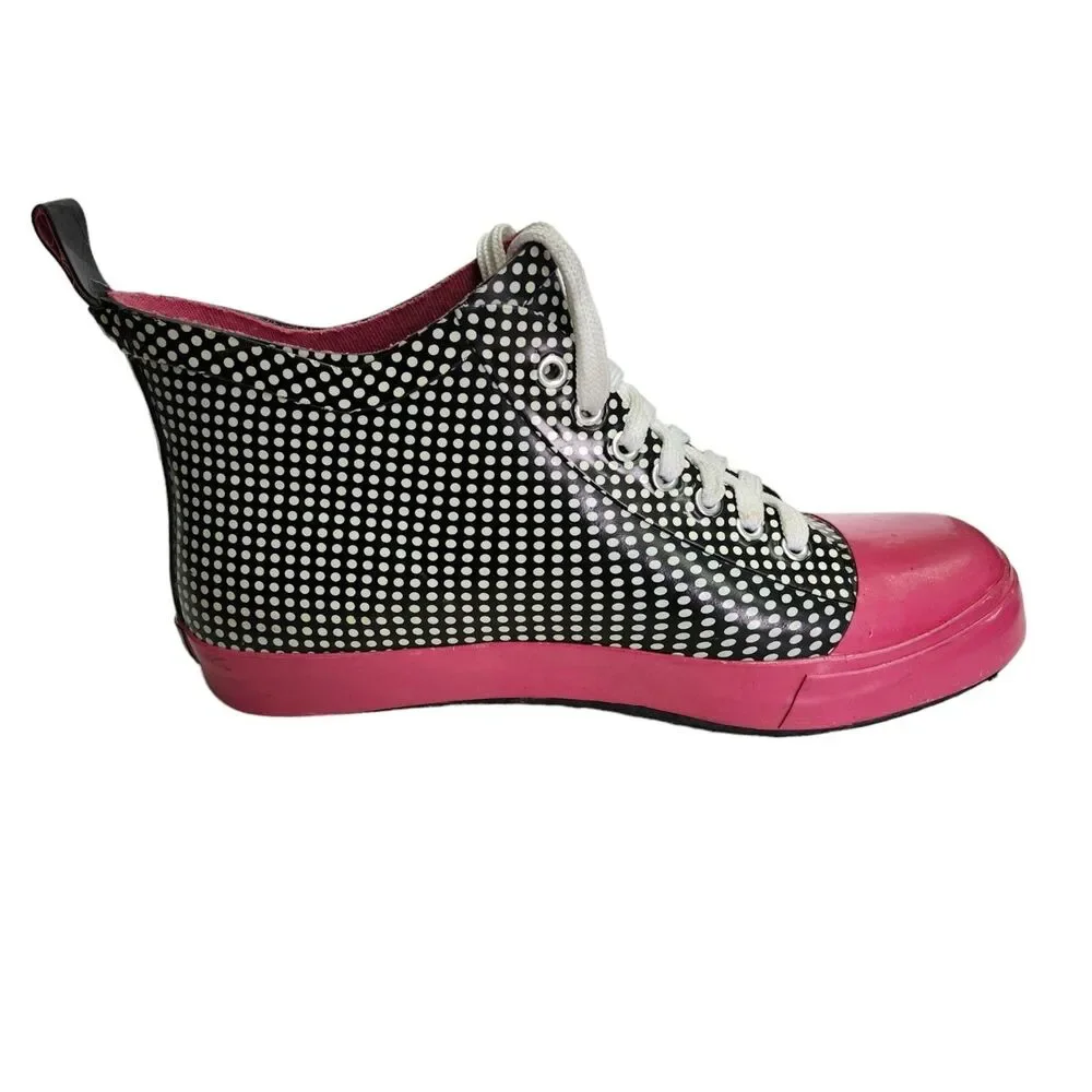 LA Gear High Top Rain Boots Womens 8 Polka Dot Black Pink Rubber Vintage 90s